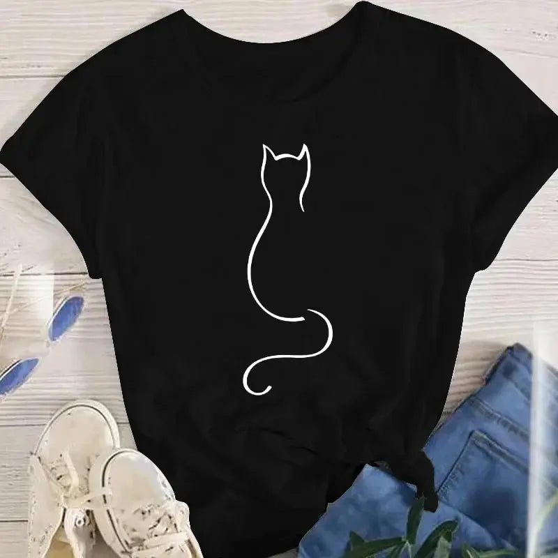 Women Funny Cat O Neck T-shirts Girl Summer Animal Tops Tee 2025
