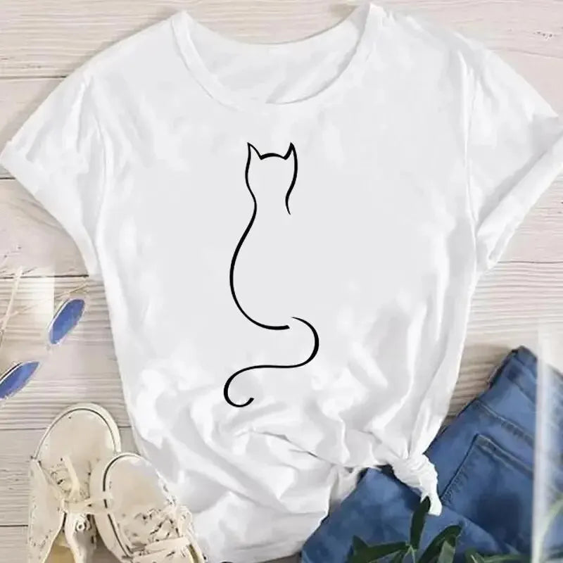 Women Funny Cat O Neck T-shirts Girl Summer Animal Tops Tee 2025