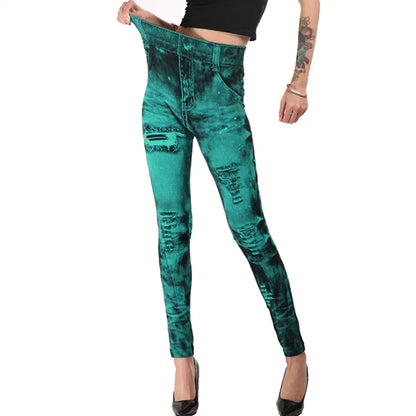 Women Imitation Jeans Stretch Leggings Fashion Sexy Slim Push Up  High Waist Streetwear Leggings