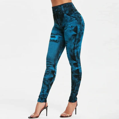 Women Imitation Jeans Stretch Leggings Fashion Sexy Slim Push Up  High Waist Streetwear Leggings