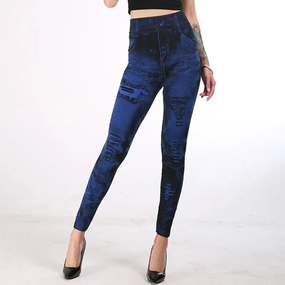 Women Imitation Jeans Stretch Leggings Fashion Sexy Slim Push Up  High Waist Streetwear Leggings