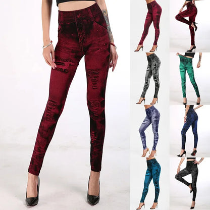 Women Imitation Jeans Stretch Leggings Fashion Sexy Slim Push Up  High Waist Streetwear Leggings