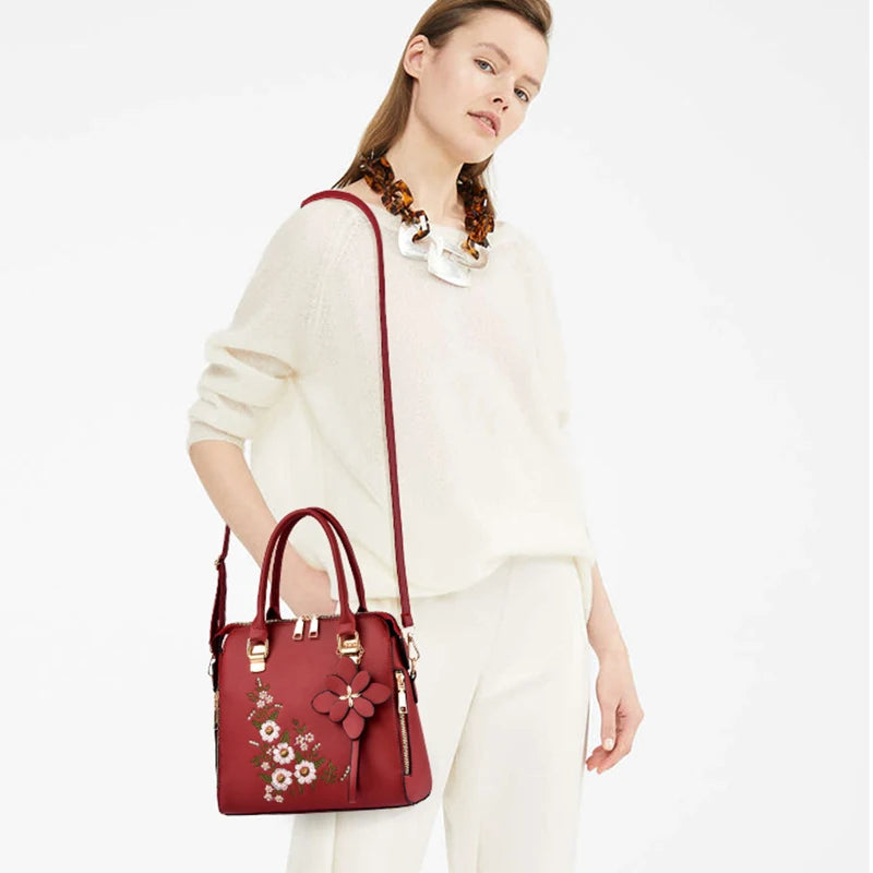 Yogodlns Luxury Embroidery Handbag For Women PU Leather Tassel Crossbody Bag Designer Handle