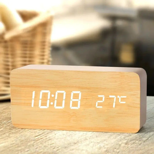 Wooden Digital Alarm Clock, LED Alarm Clock with Temperature Desk Clocks for Office