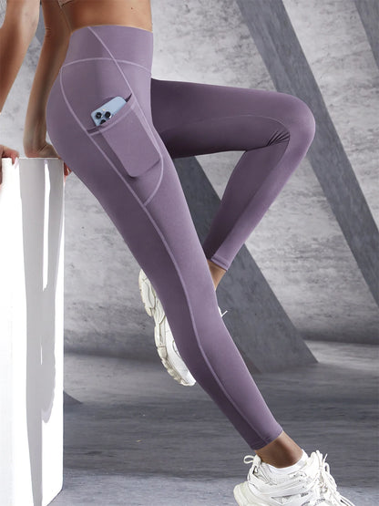 Solid Color Side Pockets Leggings For Women High Waist Sportswear Cycle Yoga Pants Push Up Fitness Leggings