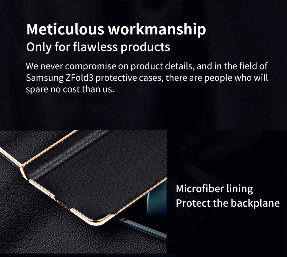 LANGSIDI Leather Case for Samsung Galaxy Z Fold 6 5 4 3 Fold6 Fold5 Gold Plating Magnetic Hinge Stand Cover with Mirror Film
