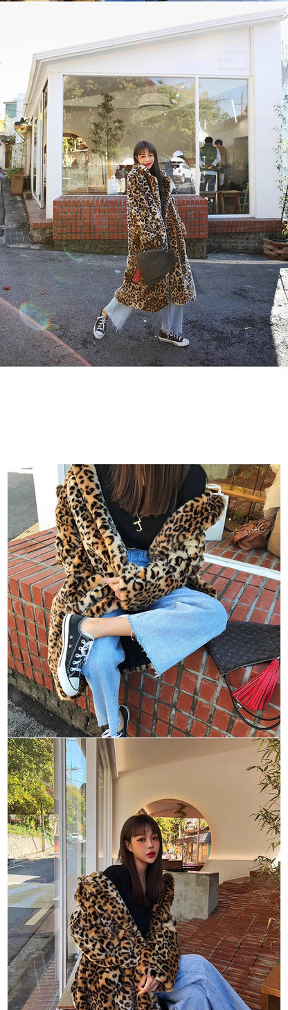 Europe America Women's Leopard Fur Coat Longer Fashion Casual Loose Fur Overcoat