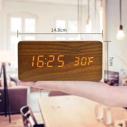 Wooden Digital Alarm Clock, LED Alarm Clock with Temperature Desk Clocks for Office