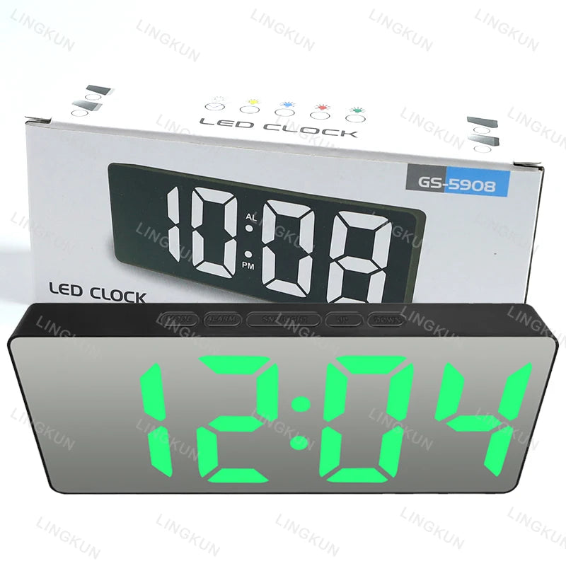 Electronic Alarm Clock Noiseless Design Digital LED Large Display Mirror Electronic Clock