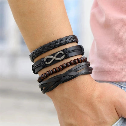 4Pcs/ Set Braided Wrap Leather Bracelets For Men Vintage Life Tree Rudder Charm Wood Beads Ethnic Tribal Wristbands