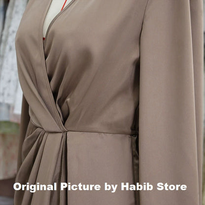 Women Maxi Satin Dress Solid Draped Dress Silk V-Neck Satin Long Sleeve Evening Party Office Lady  Midi Dresses
