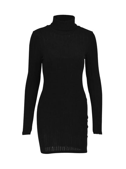 New Mini Dress For Women Autumn Black Solid Turtleneck Long Sleeves Sheath Dress