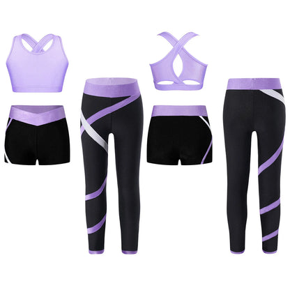 Kids Girls 3 Pcs Athletic Tracksuits Ballet Dance Yoga Sportswear Sports Bra Shorts with Leggings Tumbling Ice Skating Sets