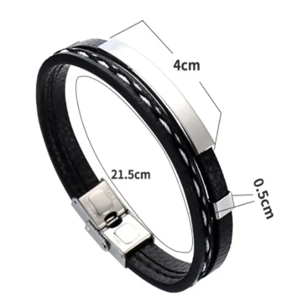 2025 Trendy Men Leatherwear Weave Bracelet Leisure Color Contrast Stainless Steel Bangle