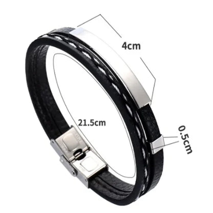 2025 Trendy Men Leatherwear Weave Bracelet Leisure Color Contrast Stainless Steel Bangle