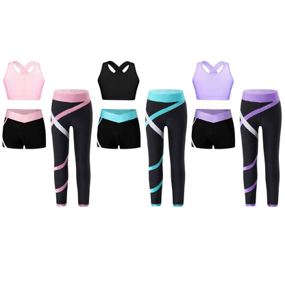 Kids Girls 3 Pcs Athletic Tracksuits Ballet Dance Yoga Sportswear Sports Bra Shorts with Leggings Tumbling Ice Skating Sets