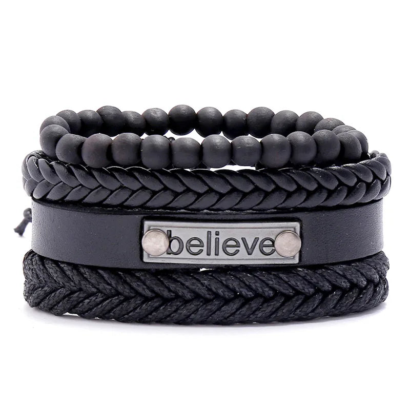ZORCVENS 3 pcs/set Handmade Woven Leather Bracelet for Men, Vintage Braided Jewelry Gift, Evil Eye Bracelets Bangles