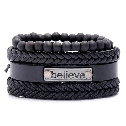 ZORCVENS 3 pcs/set Handmade Woven Leather Bracelet for Men, Vintage Braided Jewelry Gift, Evil Eye Bracelets Bangles