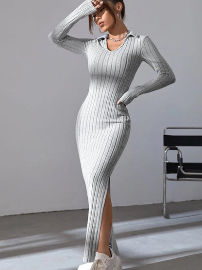 Women knit V-neck reverse neck split dress autumn winter full sleeve elastic basic body sweater