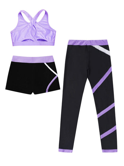 Kids Girls 3 Pcs Athletic Tracksuits Ballet Dance Yoga Sportswear Sports Bra Shorts with Leggings Tumbling Ice Skating Sets