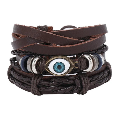 ZORCVENS 3 pcs/set Handmade Woven Leather Bracelet for Men, Vintage Braided Jewelry Gift, Evil Eye Bracelets Bangles