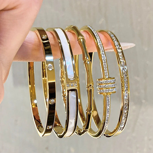 1pc Titanium Steel Gold Bracelet, Fashionable Classic Style, Stainless Steel Bracelet, Inlaid With Zircon, For Women's Daily Wear