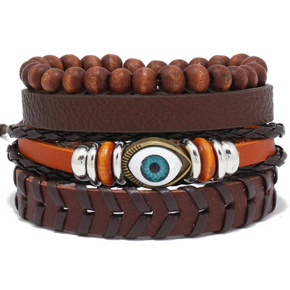 ZORCVENS 3 pcs/set Handmade Woven Leather Bracelet for Men, Vintage Braided Jewelry Gift, Evil Eye Bracelets Bangles