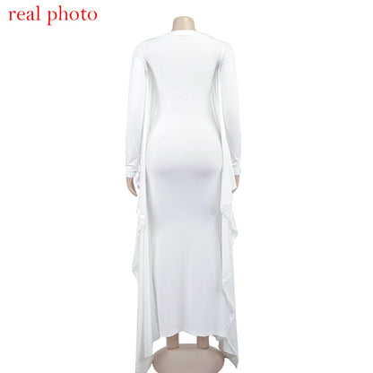 Simenual Solid Draped Hipster Dresses for Women Fall Long Sleeve Crewneck Skinny Soft Maxi Dress Elegant Birthday Clubwear Robe
