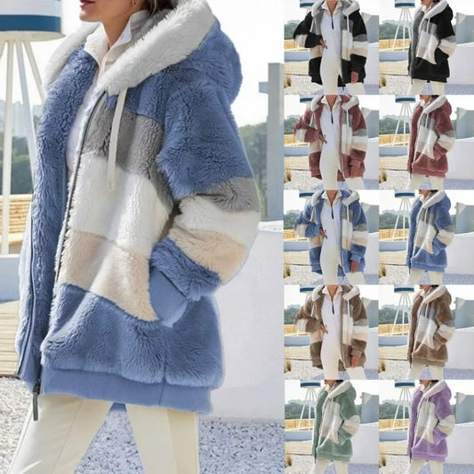 New Autumn Winter Warm Plush Pocket Hooded Streetwear Loose Lady Outerwear Coat