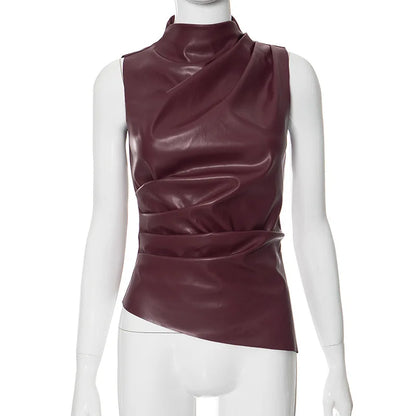 Fashion Solid Leather Y2k Top Skinny Waist Slimming Sleeveless Women Clothing High Collar Streetwear