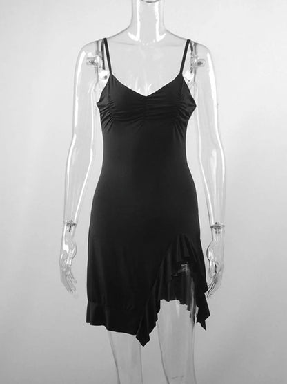 Mini Dress Women Summer New Black Sleeveless Strap Backless Folds Bodycon Split Dress Streetwear Elegant Party A-LINE Dress