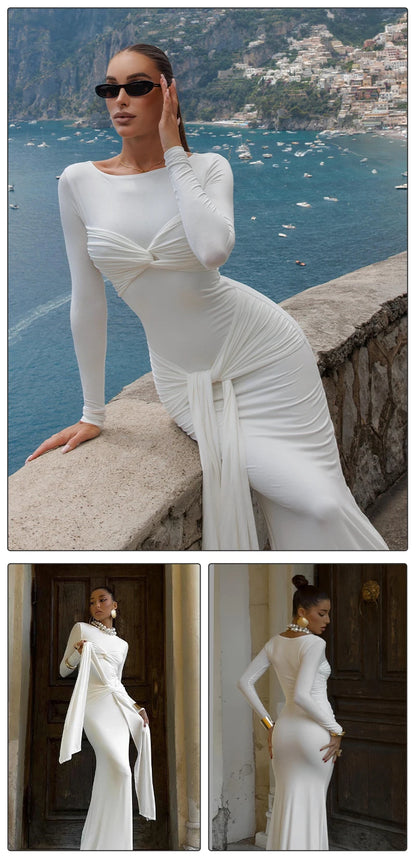 VC Solid Ruched Long Flare Sleeves Maxi Dress Elegant White Tie Waist High Neck Pleated Draped Backless Party Evening Dress