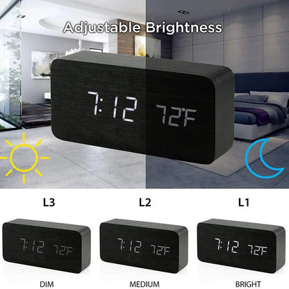 Wooden Digital Alarm Clock, LED Alarm Clock with Temperature Desk Clocks for Office