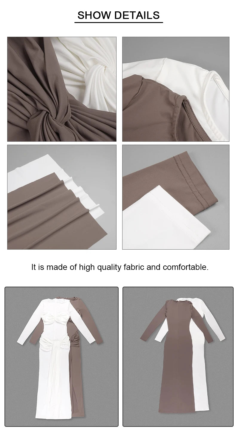 VC Solid Ruched Long Flare Sleeves Maxi Dress Elegant White Tie Waist High Neck Pleated Draped Backless Party Evening Dress