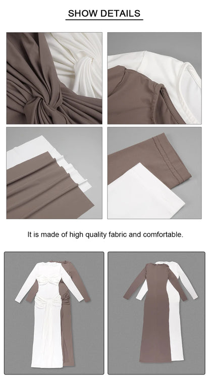 VC Solid Ruched Long Flare Sleeves Maxi Dress Elegant White Tie Waist High Neck Pleated Draped Backless Party Evening Dress