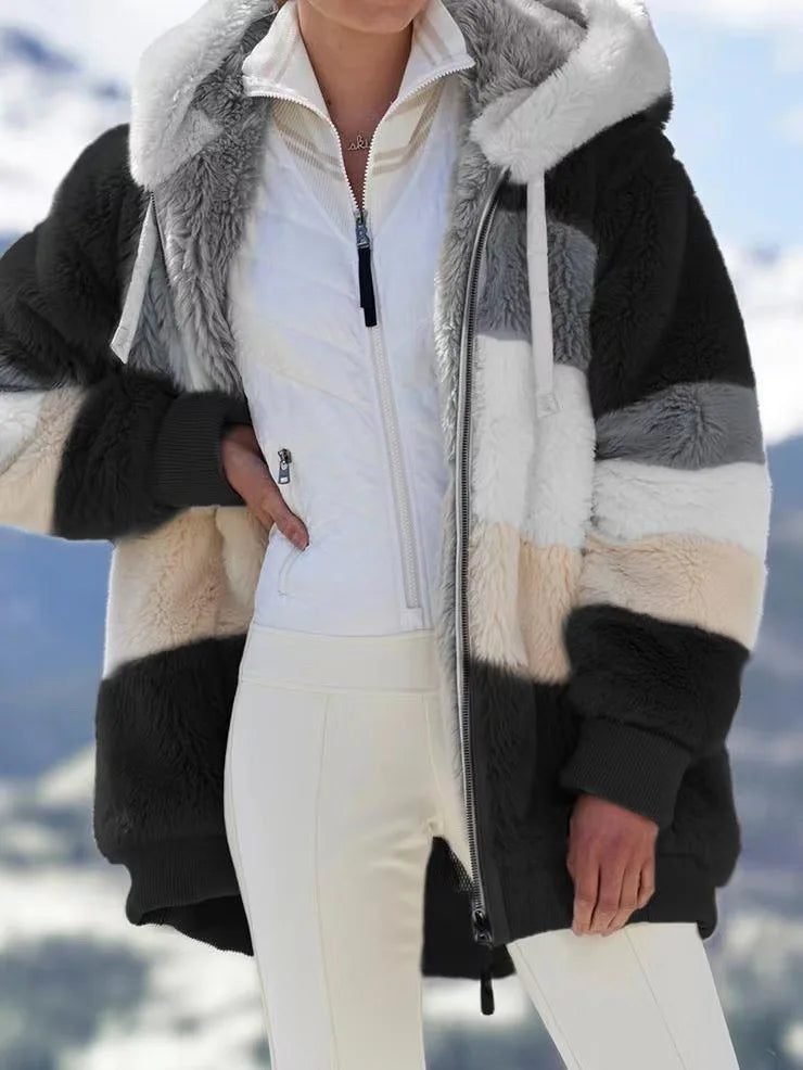 New Autumn Winter Warm Plush Pocket Hooded Streetwear Loose Lady Outerwear Coat