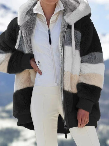 New Autumn Winter Warm Plush Pocket Hooded Streetwear Loose Lady Outerwear Coat