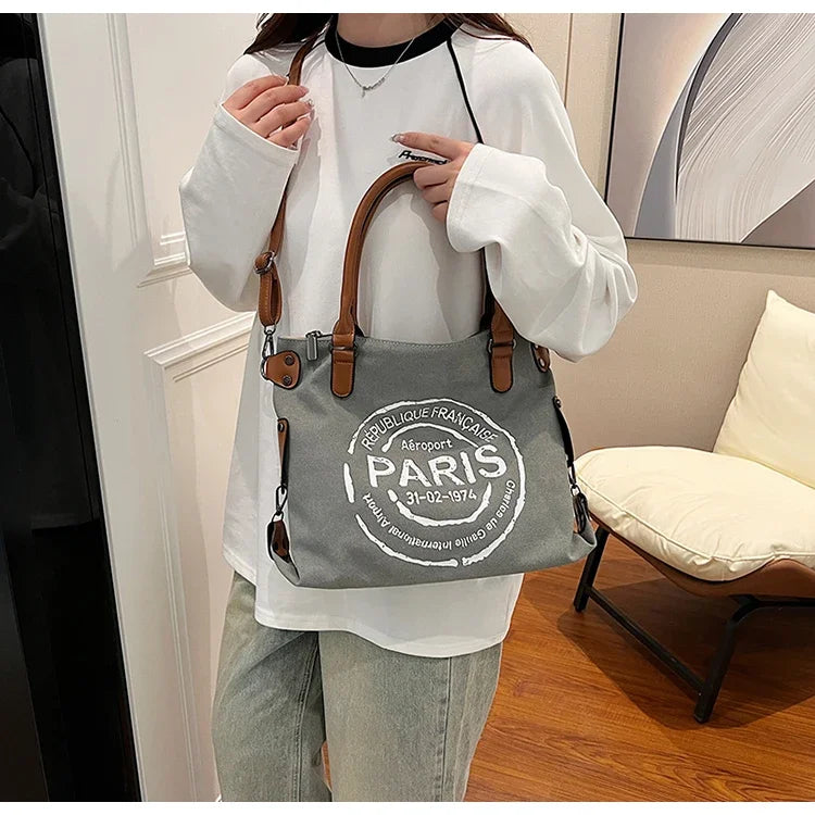 Large Retro Canvas Tote Bag - Adjustable Shoulder Strap Vintage Paris Stamp Print - Stylish Crossbody Bag for Women