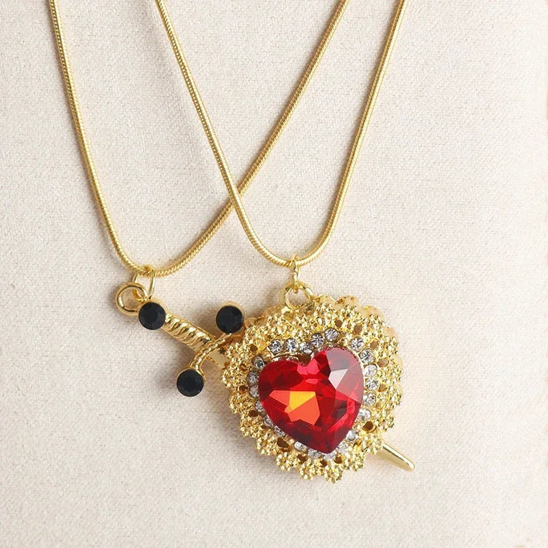 2025 2PCS Heart & Sword Zircon Pendant Necklace – Silver/Gold Plated Couple Jewelry
