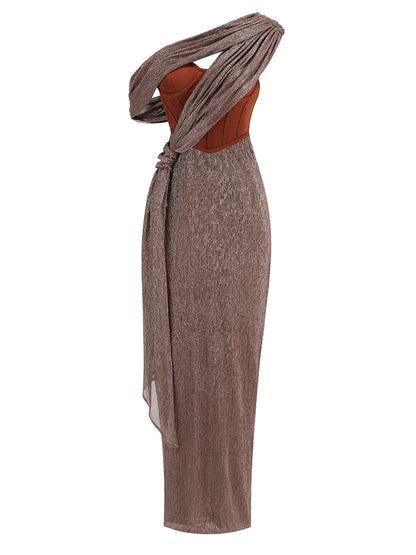 One Shoulder Draped Glitter Long Dress Women Brown Corset Sparkly Backless Bodycon Maxi Dresses Evening Party Gowns