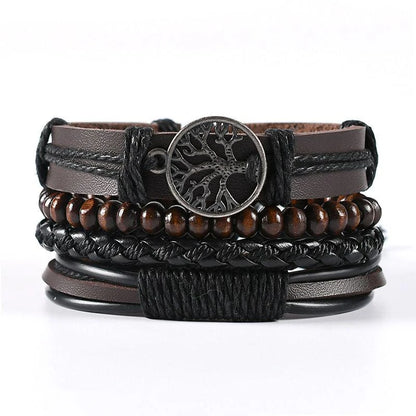 4Pcs/ Set Braided Wrap Leather Bracelets For Men Vintage Life Tree Rudder Charm Wood Beads Ethnic Tribal Wristbands