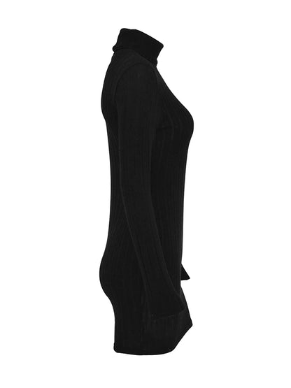 New Mini Dress For Women Autumn Black Solid Turtleneck Long Sleeves Sheath Dress