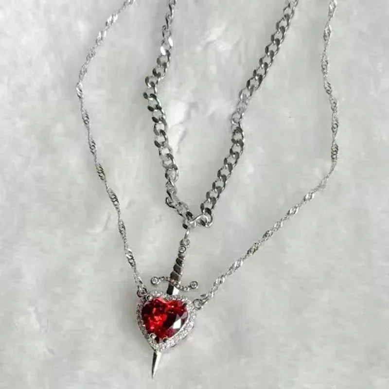 2025 2PCS Heart & Sword Zircon Pendant Necklace – Silver/Gold Plated Couple Jewelry
