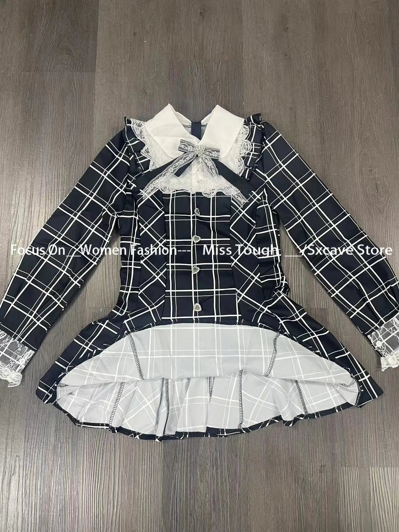 Harajuku Sweet Bow Black Plaid Dresses All-match Slim Fit Kawaii Lolita Dress for Women 2025