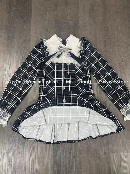 Harajuku Sweet Bow Black Plaid Dresses All-match Slim Fit Kawaii Lolita Dress for Women 2025