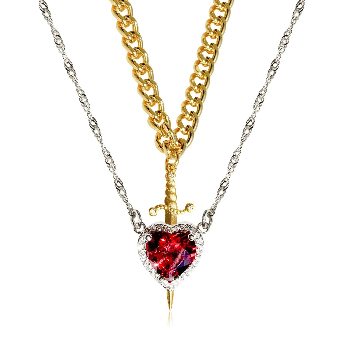 2025 2PCS Heart & Sword Zircon Pendant Necklace – Silver/Gold Plated Couple Jewelry