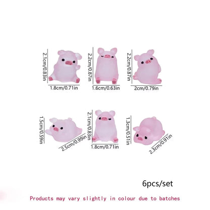 A Set Of Six Resin Cute Glow-In-The-Dark Piggy Ornament DIY Keychain Micro-Landscaping Accessories Home Desktop Car Decoration