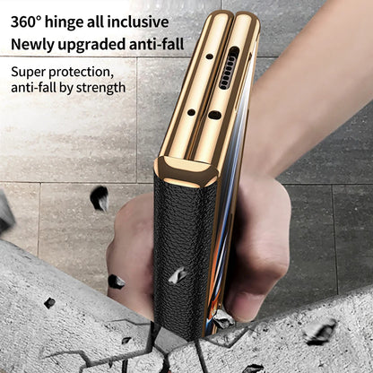 LANGSIDI Leather Case for Samsung Galaxy Z Fold 6 5 4 3 Fold6 Fold5 Gold Plating Magnetic Hinge Stand Cover with Mirror Film