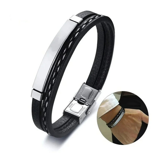 2025 Trendy Men Leatherwear Weave Bracelet Leisure Color Contrast Stainless Steel Bangle