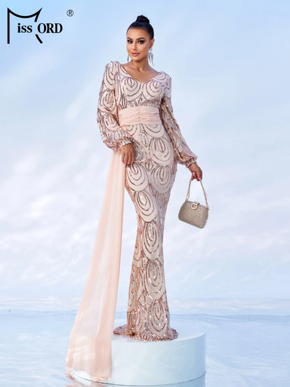 Missord Green Sequin Evening Dress Elegant Women Long Sleeve V-neck Belt Draped Bodycon Wedding Party Prom Dresses Female Gown
